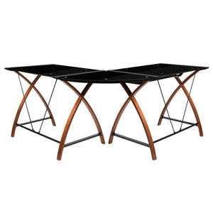 English Elm Jude Modern Black Glass L-Shape Corner Desk with Pull-Out Tray for Stylish Home Office Solutions NAN-JN-2824SL-COMBO-BK-GG