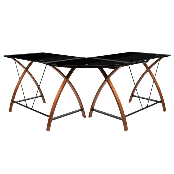 English Elm Jude Modern Black Glass L-Shape Corner Desk with Pull-Out Tray for Stylish Home Office Solutions NAN-JN-2824SL-COMBO-BK-GG