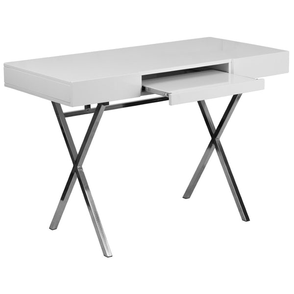 English Elm Tybee Modern White Computer Desk with Chrome Frame, Keyboard Tray & Storage Drawers for Small Spaces NAN-JN-2960-GG