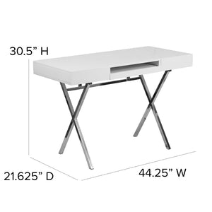 English Elm Tybee Modern White Computer Desk with Chrome Frame, Keyboard Tray & Storage Drawers for Small Spaces NAN-JN-2960-GG