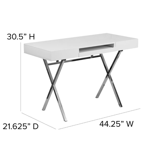 English Elm Tybee Modern White Computer Desk with Chrome Frame, Keyboard Tray & Storage Drawers for Small Spaces NAN-JN-2960-GG