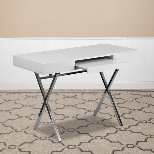 English Elm Tybee Modern White Computer Desk with Chrome Frame, Keyboard Tray & Storage Drawers for Small Spaces NAN-JN-2960-GG