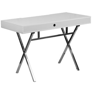 English Elm Tybee Modern White Computer Desk with Chrome Frame, Keyboard Tray & Storage Drawers for Small Spaces NAN-JN-2960-GG