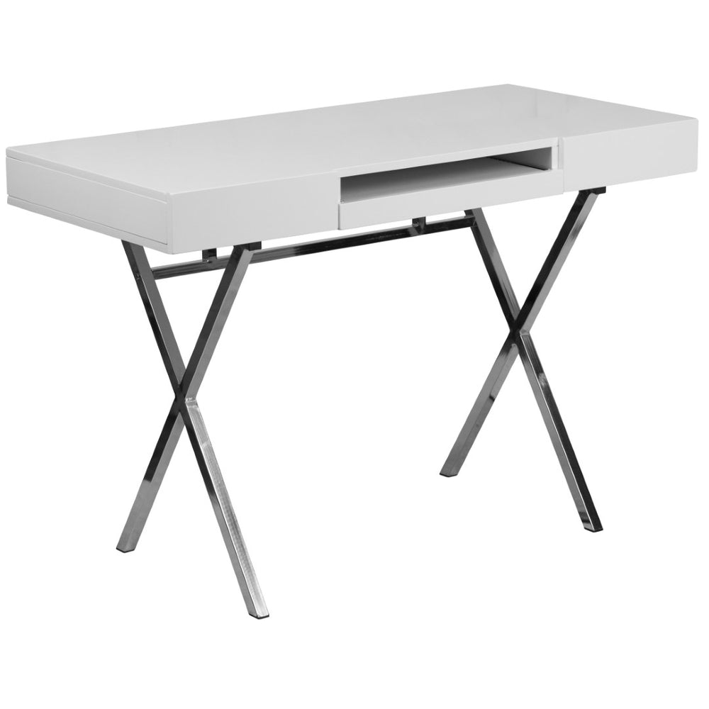 English Elm Tybee Modern White Computer Desk with Chrome Frame, Keyboard Tray & Storage Drawers for Small Spaces NAN-JN-2960-GG