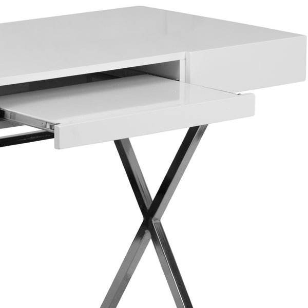 English Elm Tybee Modern White Computer Desk with Chrome Frame, Keyboard Tray & Storage Drawers for Small Spaces NAN-JN-2960-GG