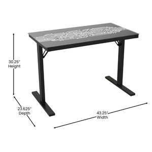 English Elm Shan 43" LED Gaming Desk with Tempered Glass, Steel Frame, Adjustable Height & Quick Assembly for Home NAN-JNGT-2842-GG