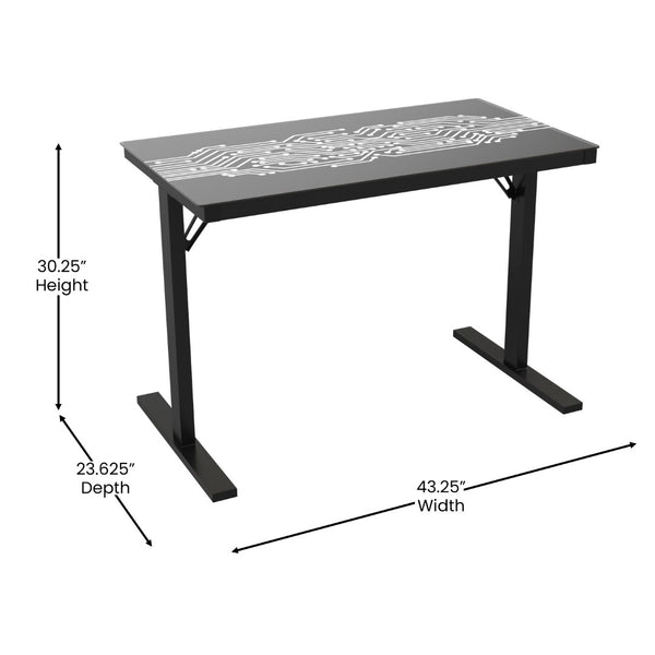 English Elm Shan 43" LED Gaming Desk with Tempered Glass, Steel Frame, Adjustable Height & Quick Assembly for Home NAN-JNGT-2842-GG
