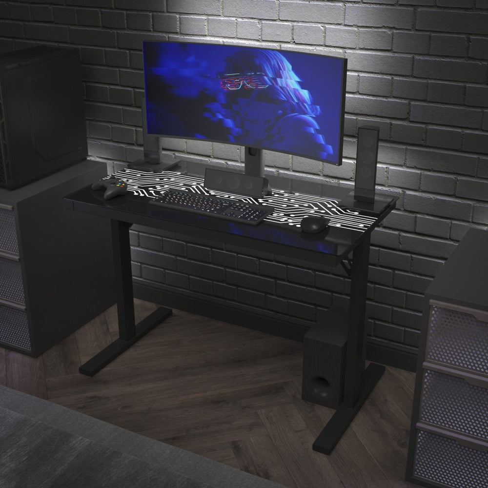 English Elm Shan 43" LED Gaming Desk with Tempered Glass, Steel Frame, Adjustable Height & Quick Assembly for Home NAN-JNGT-2842-GG