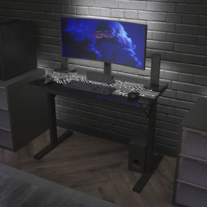 English Elm Shan 43" LED Gaming Desk with Tempered Glass, Steel Frame, Adjustable Height & Quick Assembly for Home NAN-JNGT-2842-GG