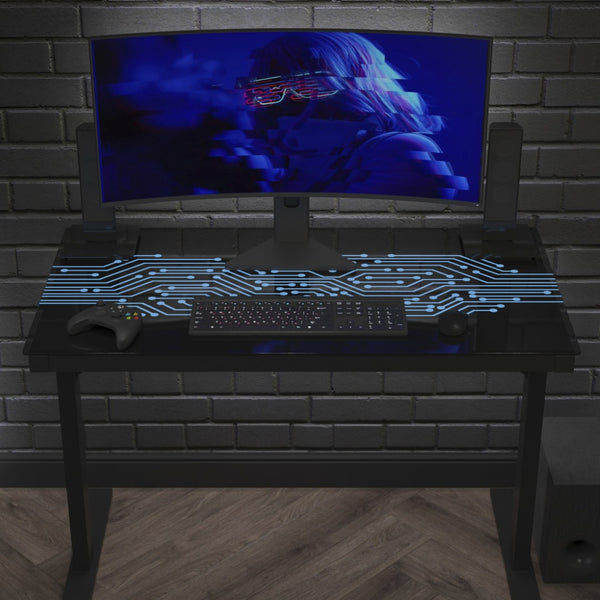 English Elm Shan 43" LED Gaming Desk with Tempered Glass, Steel Frame, Adjustable Height & Quick Assembly for Home NAN-JNGT-2842-GG