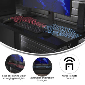 English Elm Shan 43" LED Gaming Desk with Tempered Glass, Steel Frame, Adjustable Height & Quick Assembly for Home NAN-JNGT-2842-GG