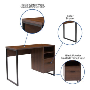 English Elm Northbrook Rustic Coffee Wood Grain Computer Desk with Metal Frame - Stylish, Durable & Compact Workspace NAN-NJ-HD10168-GG
