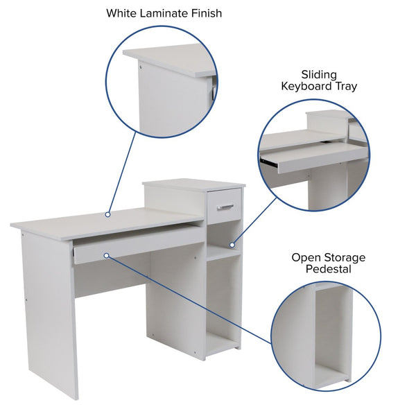 English Elm Highland Park Modern White Computer Desk with Sliding Keyboard Tray, Shelves & Drawer Storage Solutions NAN-NJ-HD3518-W-GG