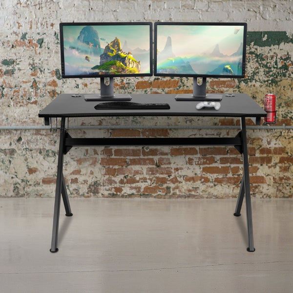 English Elm Duncan Gaming Desk 45.25" x 29" – Sleek Carbon-Fiber Workstation with Headphone Hook & Cable Management NAN-NJ-TG-D1904-GG