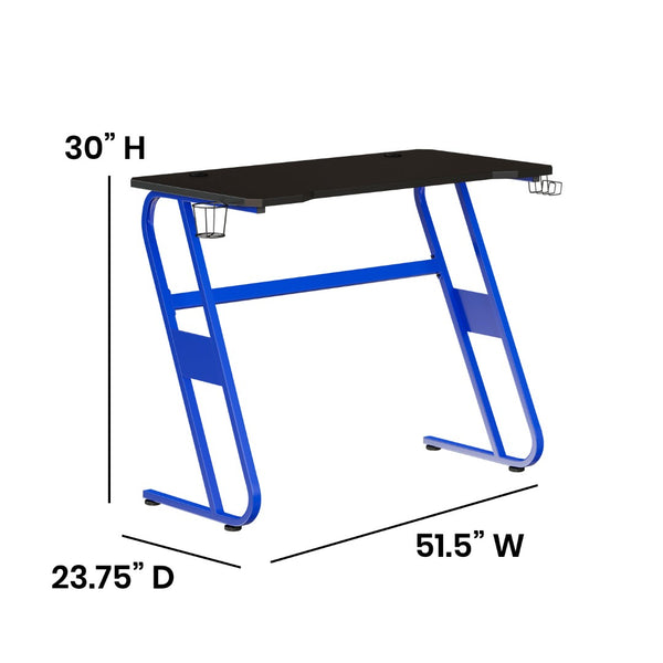 English Elm Fisher Ergonomic Gaming Desk with Z-Shaped Frame, Cup Holder, Headphone Hook, and Cable Management Blue 51.5"W x 23.75"D x 30"H NAN-RS-G1030-BL-GG