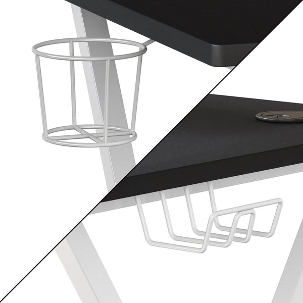 English Elm Mallot Gaming Desk with Ergonomic Design, Cup Holder, Headphone Hook, and Smart Organization Features Black Top/White Frame 51.5"W x 23.75"D x 37.25"H NAN-RS-G1031-BK-WH-GG