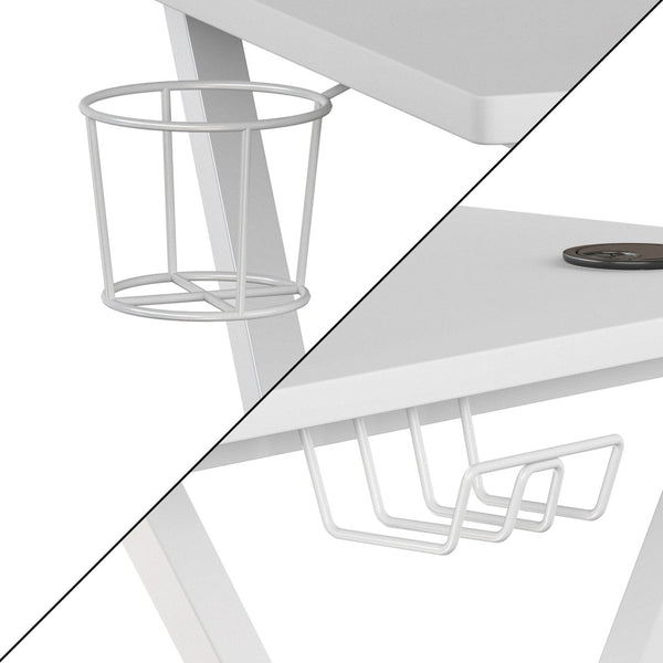 English Elm Mallot Gaming Desk with Ergonomic Design, Cup Holder, Headphone Hook, and Smart Organization Features White Top/White Frame 51.5"W x 23.75"D x 37.25"H NAN-RS-G1031-WH-GG