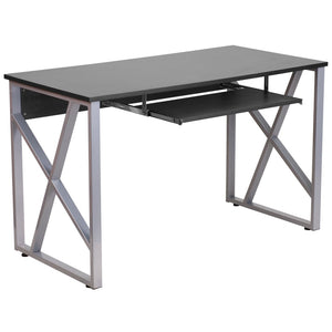 English Elm Salvador Black Computer Desk - Sleek Design with Pull-Out Keyboard Tray & Sturdy Cross-Brace Frame NAN-WK-004-GG