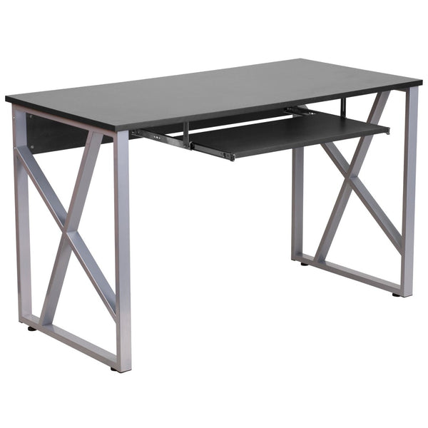 English Elm Salvador Black Computer Desk - Sleek Design with Pull-Out Keyboard Tray & Sturdy Cross-Brace Frame NAN-WK-004-GG