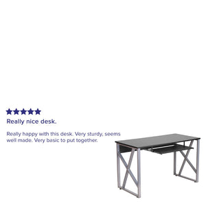 English Elm Salvador Black Computer Desk - Sleek Design with Pull-Out Keyboard Tray & Sturdy Cross-Brace Frame NAN-WK-004-GG