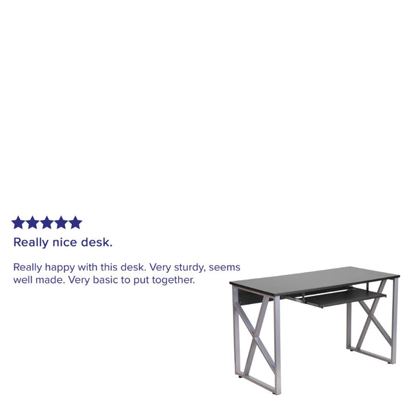 English Elm Salvador Black Computer Desk - Sleek Design with Pull-Out Keyboard Tray & Sturdy Cross-Brace Frame NAN-WK-004-GG