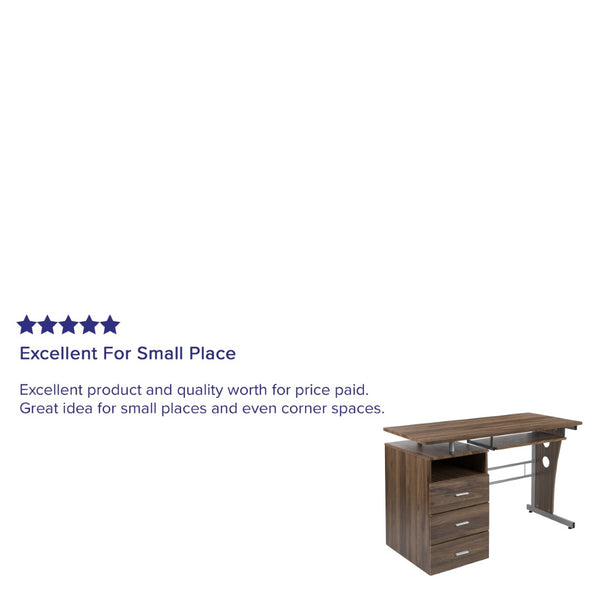 English Elm Joshua Compact Executive Desk with Three Drawers, Keyboard Tray, and Open Shelf for Organization Rustic Walnut NAN-WK-008-RU-GG