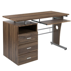 English Elm Joshua Compact Executive Desk with Three Drawers, Keyboard Tray, and Open Shelf for Organization Rustic Walnut NAN-WK-008-RU-GG
