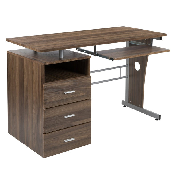 English Elm Joshua Compact Executive Desk with Three Drawers, Keyboard Tray, and Open Shelf for Organization Rustic Walnut NAN-WK-008-RU-GG