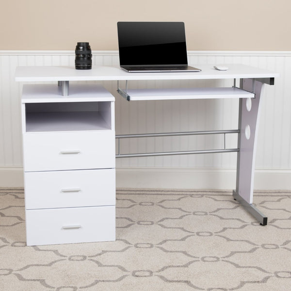 English Elm Joshua Compact Executive Desk with Three Drawers, Keyboard Tray, and Open Shelf for Organization White NAN-WK-008-WH-GG