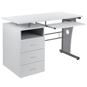English Elm Joshua Compact Executive Desk with Three Drawers, Keyboard Tray, and Open Shelf for Organization White NAN-WK-008-WH-GG