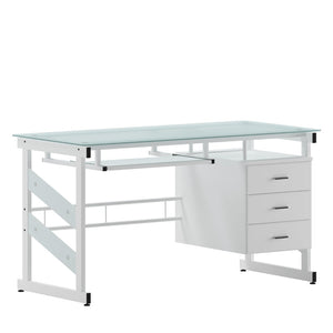 English Elm Singleton Modern White Computer Desk with Frosted Glass Top, Three Drawers & Keyboard Tray NAN-WK-017-GG