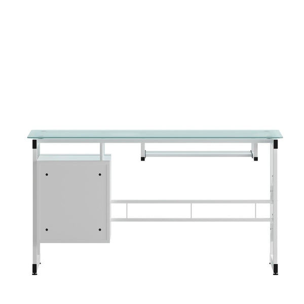 English Elm Singleton Modern White Computer Desk with Frosted Glass Top, Three Drawers & Keyboard Tray NAN-WK-017-GG