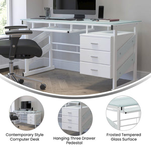 English Elm Singleton Modern White Computer Desk with Frosted Glass Top, Three Drawers & Keyboard Tray NAN-WK-017-GG