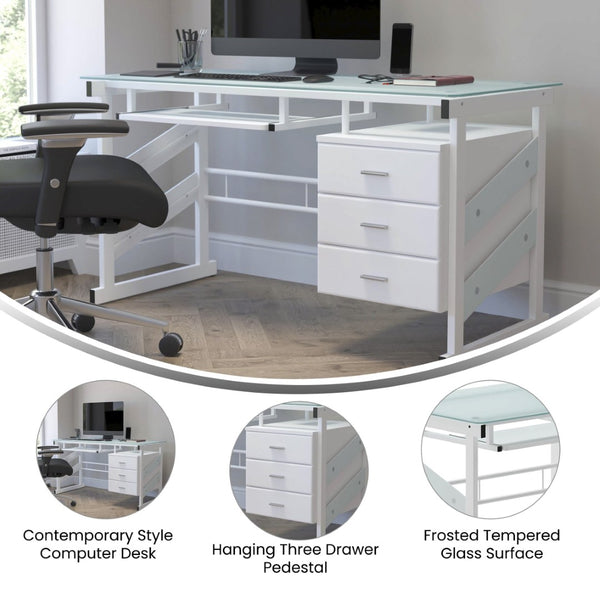English Elm Singleton Modern White Computer Desk with Frosted Glass Top, Three Drawers & Keyboard Tray NAN-WK-017-GG
