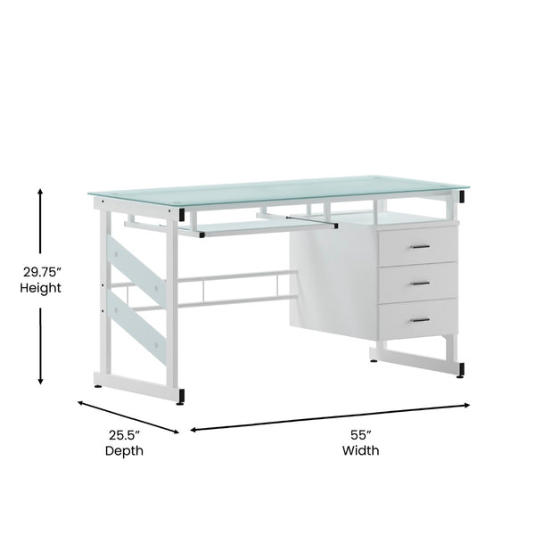 English Elm Singleton Modern White Computer Desk with Frosted Glass Top, Three Drawers & Keyboard Tray NAN-WK-017-GG