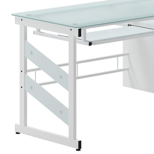 English Elm Singleton Modern White Computer Desk with Frosted Glass Top, Three Drawers & Keyboard Tray NAN-WK-017-GG