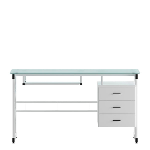 English Elm Singleton Modern White Computer Desk with Frosted Glass Top, Three Drawers & Keyboard Tray NAN-WK-017-GG