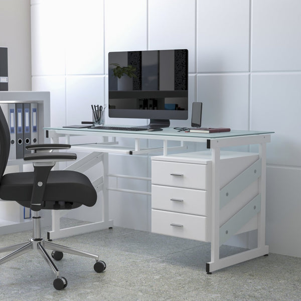 English Elm Singleton Modern White Computer Desk with Frosted Glass Top, Three Drawers & Keyboard Tray NAN-WK-017-GG
