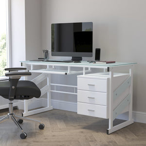 English Elm Singleton Modern White Computer Desk with Frosted Glass Top, Three Drawers & Keyboard Tray NAN-WK-017-GG