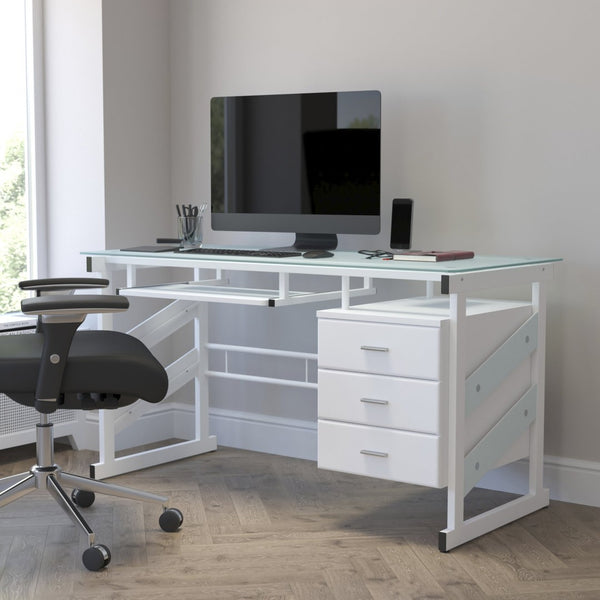 English Elm Singleton Modern White Computer Desk with Frosted Glass Top, Three Drawers & Keyboard Tray NAN-WK-017-GG