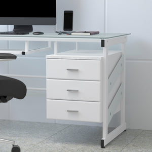 English Elm Singleton Modern White Computer Desk with Frosted Glass Top, Three Drawers & Keyboard Tray NAN-WK-017-GG