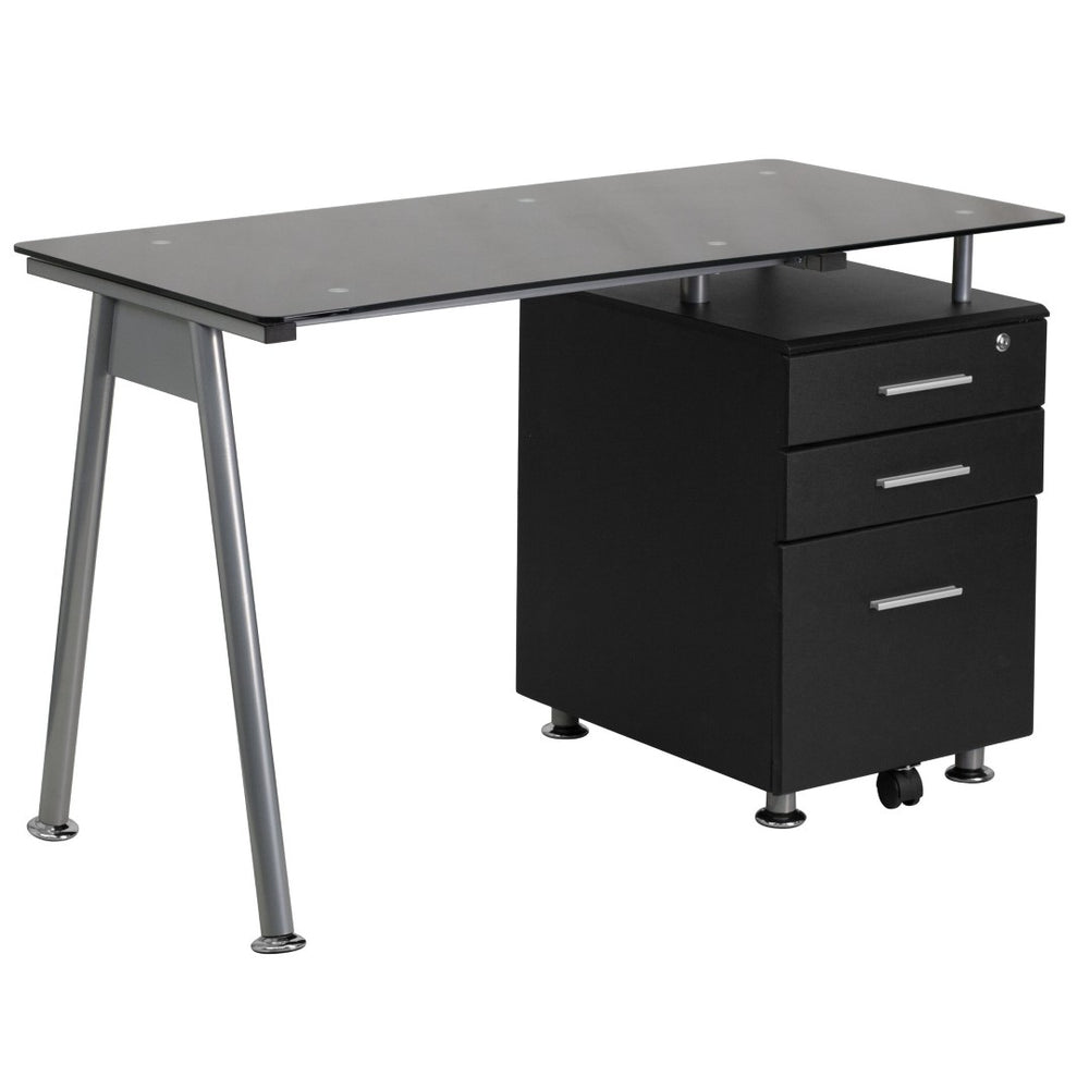 English Elm Singleton Modern Black Glass Computer Desk with 3 Drawer Pedestal for Stylish Home Offices NAN-WK-021A-GG