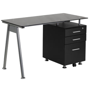 English Elm Singleton Modern Black Glass Computer Desk with 3 Drawer Pedestal for Stylish Home Offices NAN-WK-021A-GG