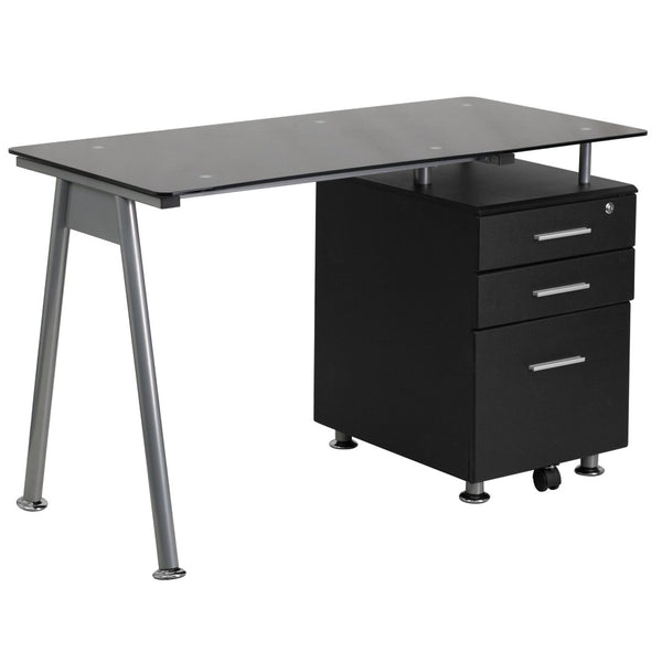 English Elm Singleton Modern Black Glass Computer Desk with 3 Drawer Pedestal for Stylish Home Offices NAN-WK-021A-GG