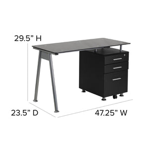 English Elm Singleton Modern Black Glass Computer Desk with 3 Drawer Pedestal for Stylish Home Offices NAN-WK-021A-GG