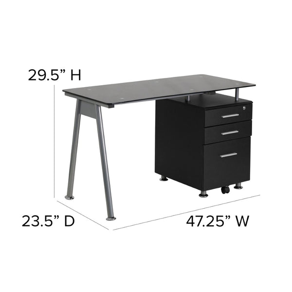 English Elm Singleton Modern Black Glass Computer Desk with 3 Drawer Pedestal for Stylish Home Offices NAN-WK-021A-GG