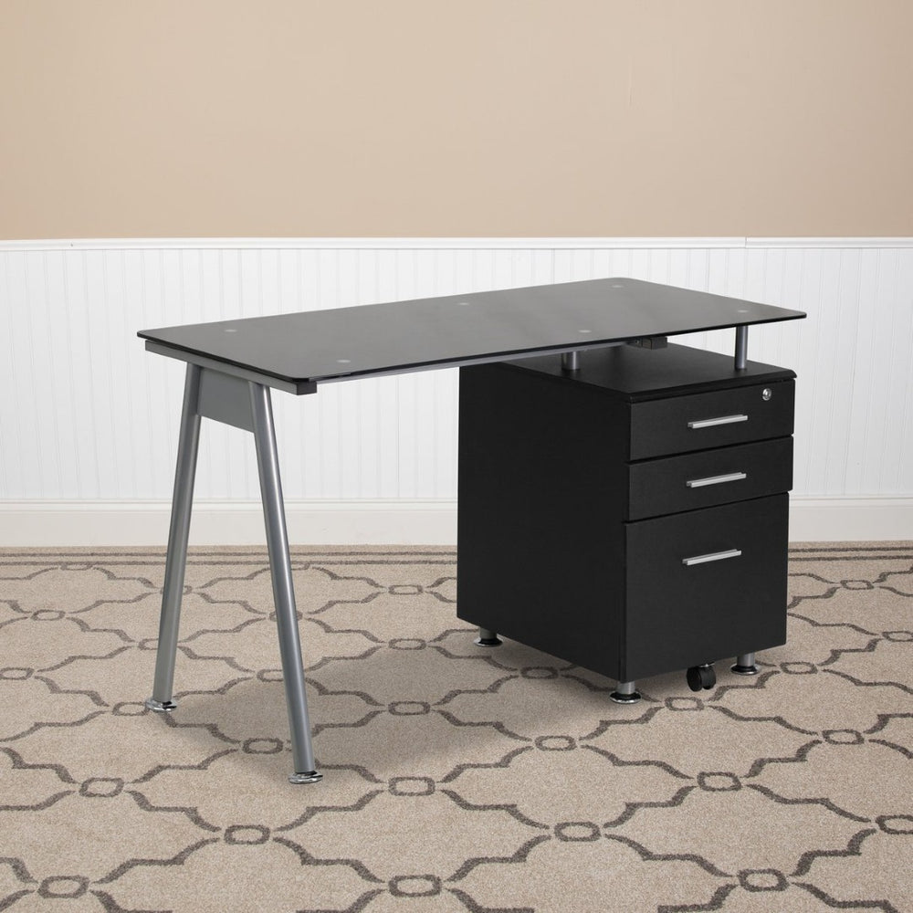 English Elm Singleton Modern Black Glass Computer Desk with 3 Drawer Pedestal for Stylish Home Offices NAN-WK-021A-GG