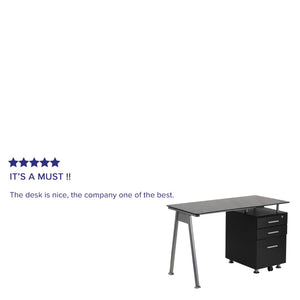 English Elm Singleton Modern Black Glass Computer Desk with 3 Drawer Pedestal for Stylish Home Offices NAN-WK-021A-GG