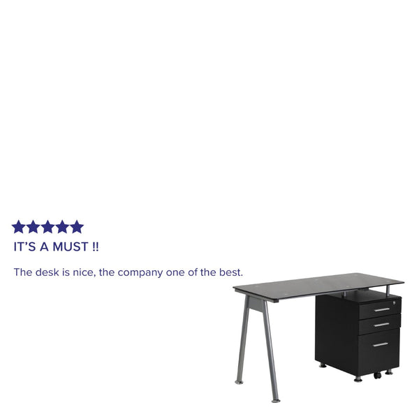 English Elm Singleton Modern Black Glass Computer Desk with 3 Drawer Pedestal for Stylish Home Offices NAN-WK-021A-GG