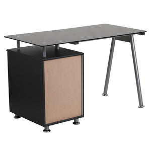 English Elm Singleton Modern Black Glass Computer Desk with 3 Drawer Pedestal for Stylish Home Offices NAN-WK-021A-GG